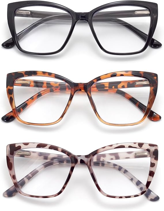 3-Pack Reading Glasses for Women, Style Frame Spring Hinge Readers Blue Light Blocking Glasses