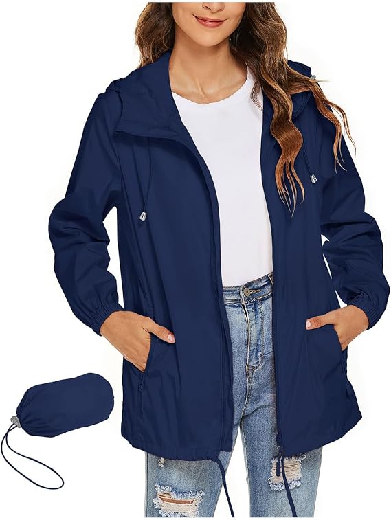 Rain Jacket Women Waterproof with Hood Lightweight Zip up Packable Raincoat Windbreaker Outdoor Hiking Travel Jacket