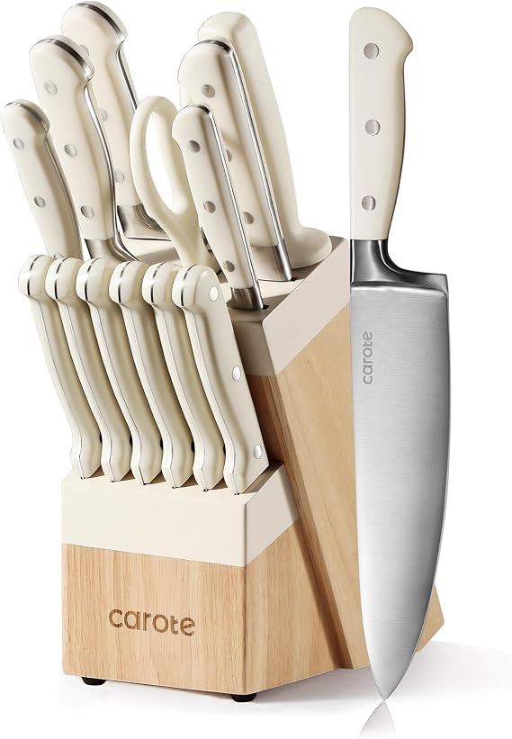 CAROTE 14-Piece Knife Set with Wood Block, Rust-Resistant, Cream