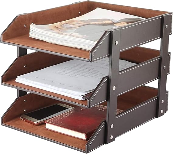 Leather Letter Tray,Stackable Desk Tray Organizer,Office Supplies Trays Holder for Document,Stationery,Magazines,Newspapers,Letters Perfect Office Organization for Desktop (Brown,3 Tier)