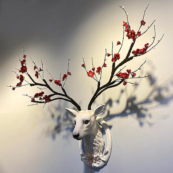 Deer Head Wall Mount Antler Decor Sculptures Deer Head Wall Art Animal Wall Art Modern Large Faux Deer Head Suitable Decorative Resin Wall Hanging For Bedroom, Living Room ( Color : Red flower , Size