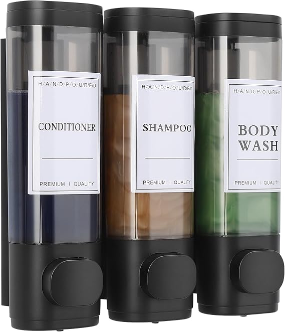 3 Chamber Wall Mounted Shampoo and Conditioner Dispenser - No Drill Shower Soap and Body Wash for Bathroom, Hotel, Kitchen - 3 * 300ML, Black
