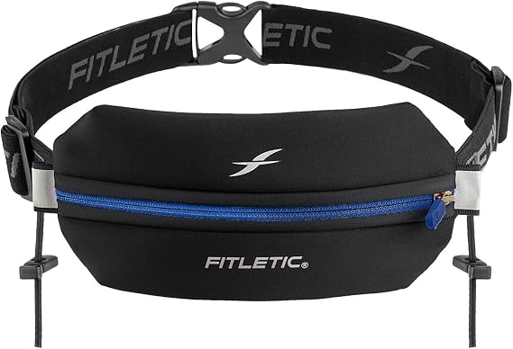 Fitletic Neo Race Belt, Black & Blue | Unique No Bounce Design for Marathon, Triathlon, Trail, 5k, 10k | Running Belt | N01R-04