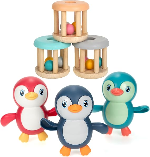 DUCKBOXX XX Toys Bundle (3+3pcs): Swimming Penguins (3pcs) & Wood Rolling Rattle Toys (Burlywood Base - 3pcs) for Kids