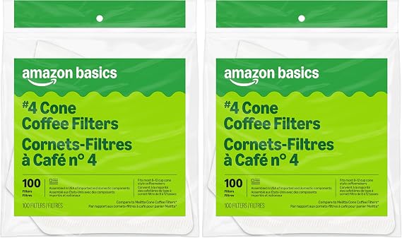 Amazon Basics Number 4 Cone Coffee Filters for 8-12 Cup Coffee Makers, White, 100 Count (Pack of 2)