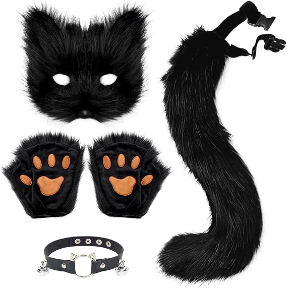 Therian Mask Animal Wolf Paw Gloves & Furry Cat Ears Collar Set with Fox Tail - Cosplay Costume Kit