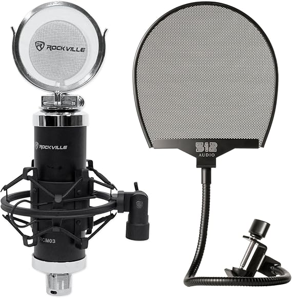 Rockville RCM03 Pro Studio Recording Condenser Microphone + Metal Shock Mount Bundle 512 Audio Warm Audio 512-POP with Professional Metal Pop Filter Gooseneck Clamp 2 Pack