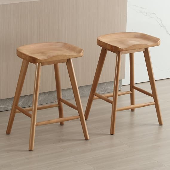 HNY Backless Counter Height Bar Stools Set of 2, 24 Rustic Farmhouse Wooden Saddle Stools Ergonomic-Seat Bar Chairs, Bar Height Barstools for Kitchen Counter Island, Brown