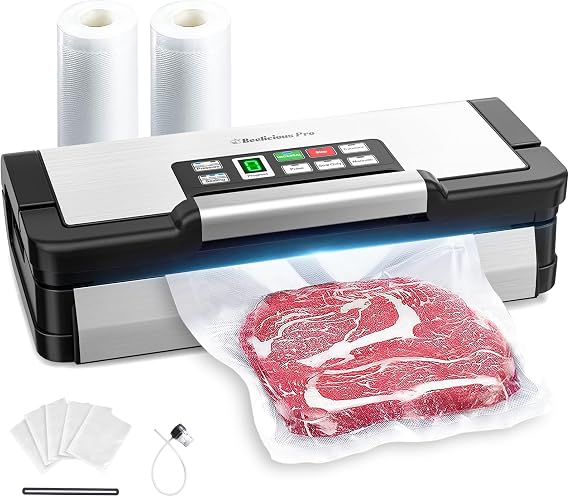 95kPa Vacuum Sealer Machine with AquaLock Technology, for Moist Seals, 2X Seal & 130W, Fully Automatic Food Sealer, Built-In Cutter, Bag Storage & Hose, Precision Sealing, 2 Bag Rolls,Stainless Steel