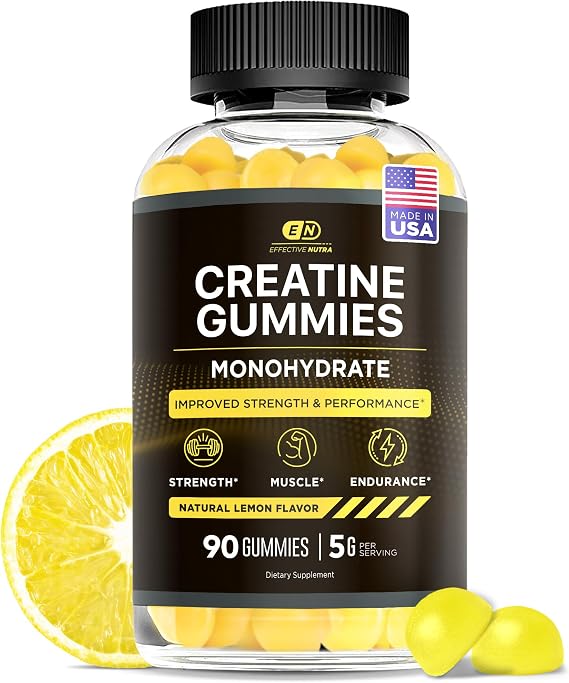 Effective Nutra Creatine Monohydrate Gummies - 1g Creatine per Gummy - Vegan Muscle & Strength Supplement for Men & Women - Supports Muscle Growth, Energy, Endurance - Lemon Flavor, Made in USA (90ct)