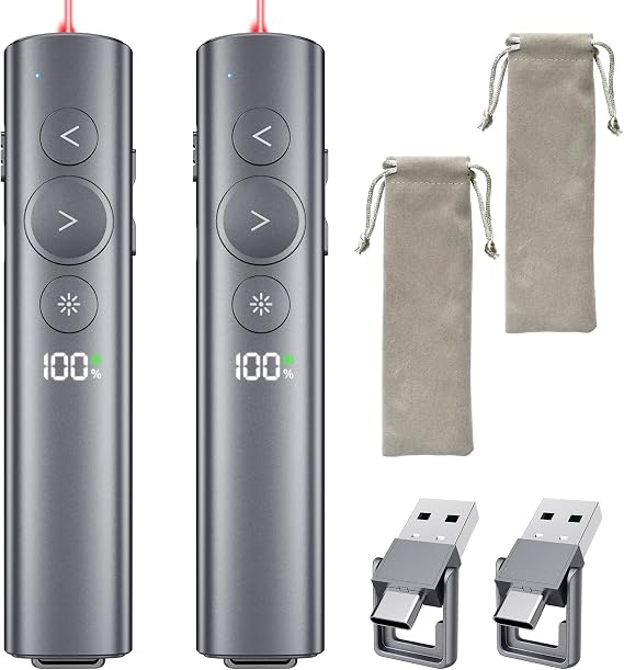 (2 Units) Presentation Clicker with Red Laser, Power Display Presenter | 2in1 USB/Type C Receiver PowerPoint Wireless Presenter Remote for Computer Laptop/PPT/Google Slides/Windows/Mac
