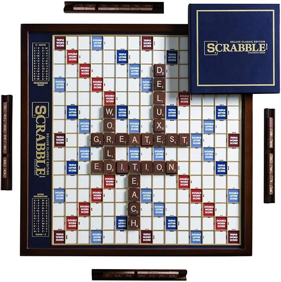 WS Game Company Scrabble Deluxe Edition Rotating Wooden Cabinet Board Game