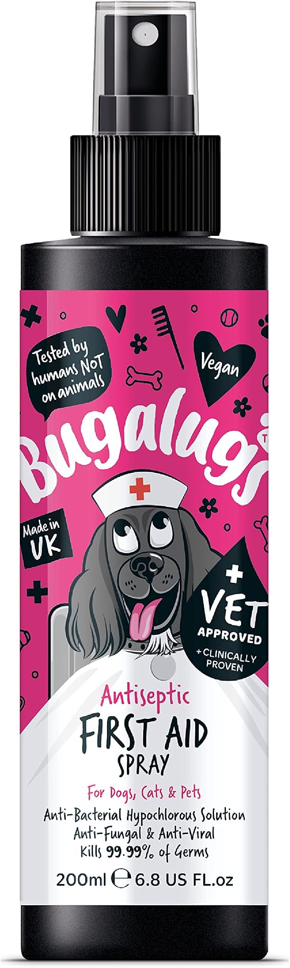 BUGALUGS First Aid Pet Antiseptic spray for dogs, puppy & cats 200ml - Antibacterial, Antiviral, Antifungal spray for cuts, wounds & itchy skin