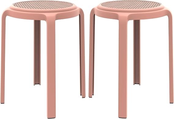 LeisureMod Tresse Mid-Century Modern Round Plastic Dining Stool Set of 2, Stackable Accent Stools with Breathable Seat, Lightweight Seating for Kitchen, Dining Room, Bedroom, or Entryway (Pink)