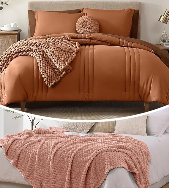 Monbix 7 Piece Comforter Sets and Fleece Throw Blanket Bundle
