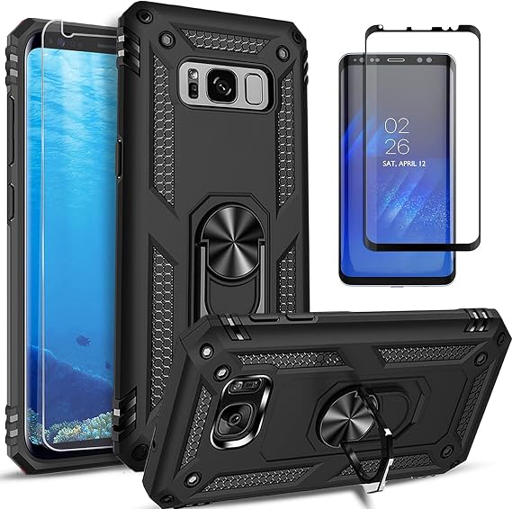 STARSHOP Compatible with Samsung Galaxy S8 Plus Case, with [Tempered Glass Screen Protector Included] Military Grade Shockproof Dual Layer Protective Phone Cover with Metal Ring Kickstand - Black