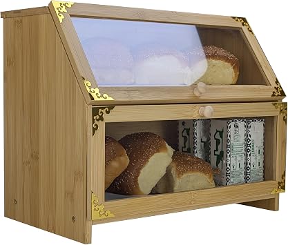 ARTAWEIN Extra Large Bamboo Corner Bread Box for Kitchen Countertop - Double Layer, Airtight Bread Bin and Holder, Natural Bread Storage Container, Ideal Keeper for Homemade Breads