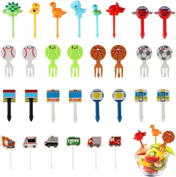 OOTSR 30PCS Food Picks Fruit Forks for kids, Mini Cute Dinosaur Food Toothpick Reusable Cupcake Dessert Forks for Kids Party Kitchen Bento Lunch Box, Random Color Kids Lunch Accessories