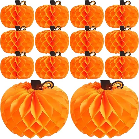 JOVITEC 14 Pack Thanksgiving Table Decor Honeycomb Pumpkins 10.2 Inch Paper Fall Hanging Pumpkin Decorations 3D Tissue Centerpieces for Halloween Birthday Wedding Party Supplies
