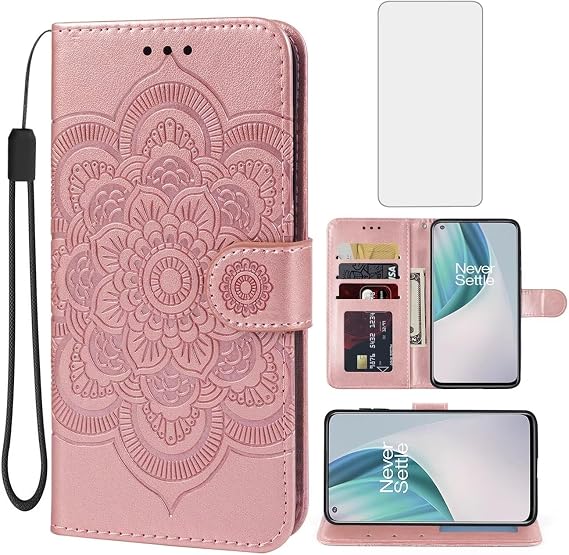 Case for OnePlus Nord N10 5G Case,OnePlus N10 5G BE2029 Wallet Case with Tempered Glass Screen Protector, Leather Flip Credit Card Holder Stand Phone Cover for OnePlus Nord N10 5G Rose Gold