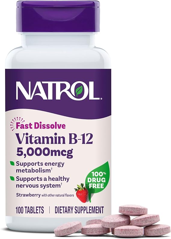 Natrol Vitamin B12 5000 mcg Fast Dissolve B12 Supplement, 100 Tablets | Supports a Healthy Nervous System and Energy Metabolism, 100 Day Supply