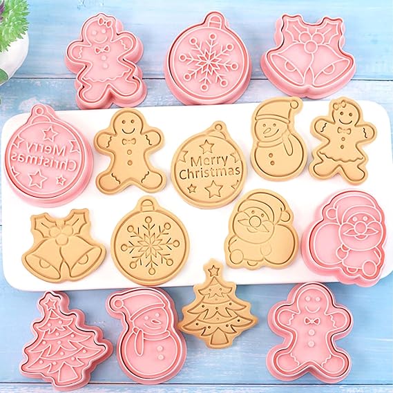 8 Piece Mini Christmas Cookie Cutters, Xmas Theme Design Cookie Stamps | Mini Snowman, Jingle Bell, Santa, Gingerbread, Tree Baking Molds, Christmas Ornament Cookie Cutter Set