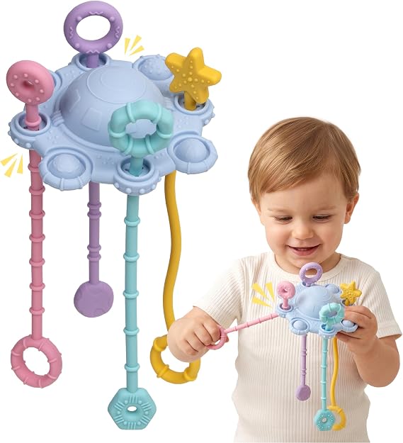 Pull String Toy for Baby - Made of 100% Food Grade Silicone with Built-in Rattle Function and Easy to Clean (Blue)