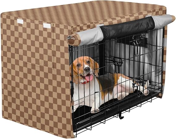 Checker Plaid Metal Dog Crate Covers Pet Wire Cage Cover Dog Crate Curtains Camel Brown 42 Inch