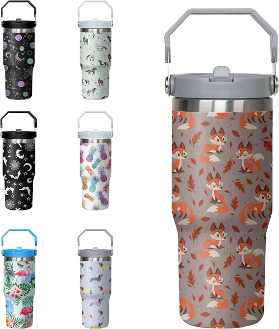 Fox Tumbler Saplı ve Flip Pipetli Kadın Erkek için, 30oz Sevimli Paslanmaz Çelik Yalıtımlı Bardak, Su Şişesi Seyahat Kahve Kupası, Hayvan Severler için Hediyeler