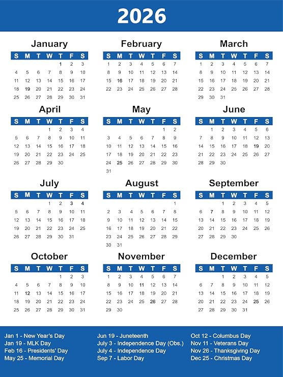 2026 Full Yearly Calendar Magnet Durable, Compact Design with Federal Holidays Perfect for Fridge or Office Organization (Blue, 4.5"W x 6"H)