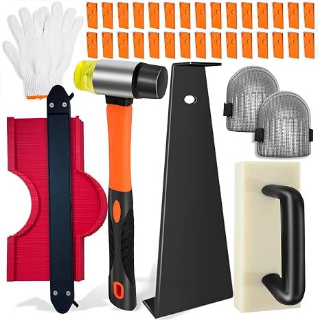 Laminate Flooring Tools, Vinyl Flooring Tools, 7 in 1 Flooring Installation Kit, Heavy Tapping Block, Heavy Pull Bar, 10 Contour Gauge, 30pc Flooring Spacers, Rubber Mallet, Knee Pads
