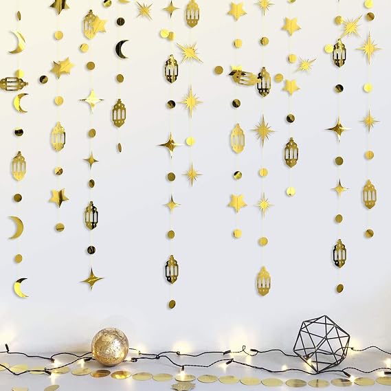 Rose Gold Eid Mubarak Ramadan Decorations Hanging Star Moon Circle Dot Crescent Lamp Garland Streamer Backdrop Banner Decorations for Home Happy Ramadan Islam Muslim Wedding Birthday Party