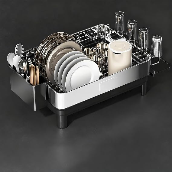 2-Tier Over The Sink Dish Drying Rack Rustproof Stainless Steel Dish Rack with Utensil Holder for Kitchen Counter Over Sink(Watermark Silver,Single Layer)