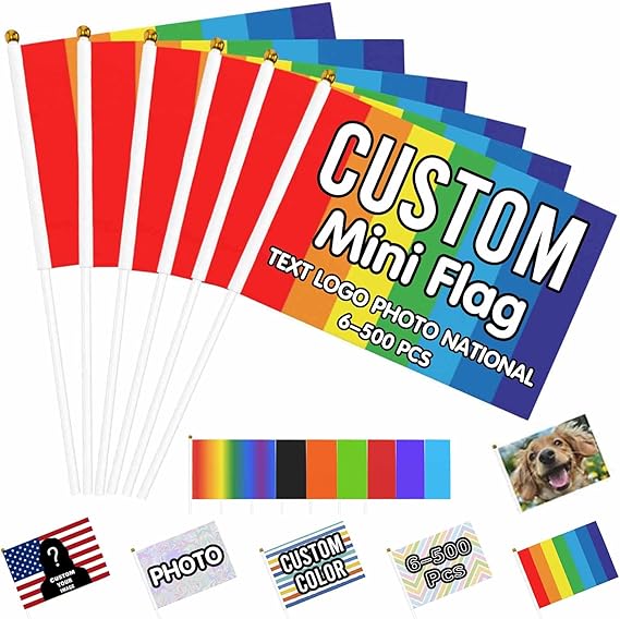 Custom Handheld Flag Mini Flag Personalized Small Flags 6-500 Pcs with Photo Text Logo Customizable Miniature Stick Flags Banner Double-sided Design for Team Activities, Parades, Holiday 5x8 Inch