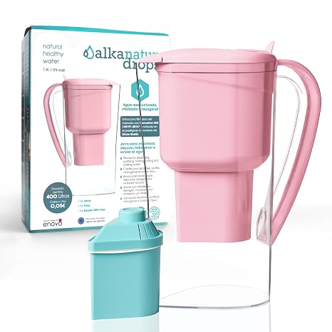Alkanatur Drops低排出水フィルターピッチャー - 水素化物 + イオン化 + マグネシウムが塩素、金属、フッ化物、マイクロプラスチックなどを除去 - Certifeid UNE 149101:2015