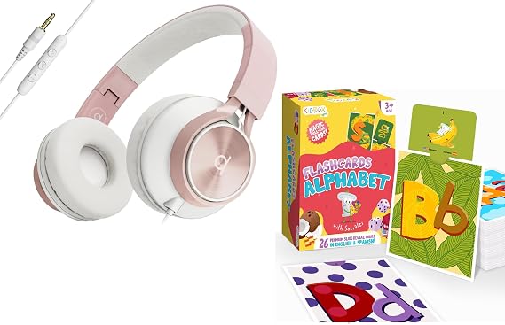 ARTIX CL750 Wired Headphones with Mic, Volume Control Foldable 3.5mm Headset + Kidrox Bilingual Alphabet Flash Cards A-Z English/Spanish Learning Cards for Toddlers 2+