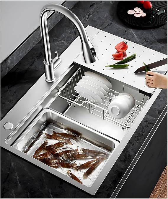 304 Stainless Steel Kitchen Sink with Cutting Board, Drain Basket, Drain Pipe, Silver Kitchen Bar Sink, Large Single Bowl Workstation Sink, Drop in Household Dishwashing Sink(80x50x22cm)