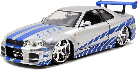 Jada Toys Fast & Furious Brians 2002 Nissan Skyline R34 Die-cast Car, 1:24 Scale, Silver & Blue