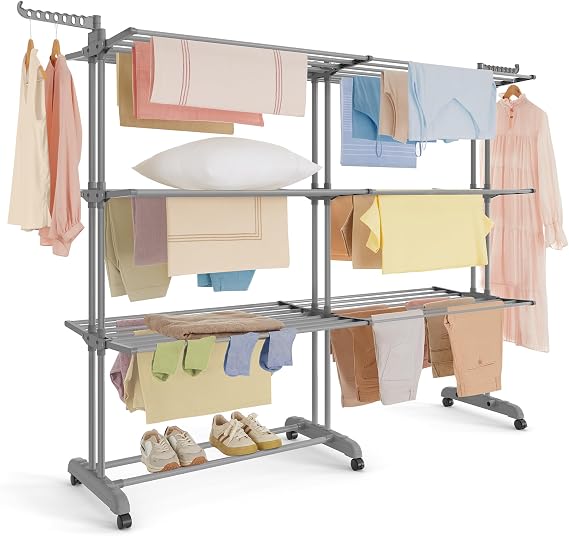 SONGMICS 4-Tier Clothes Drying Rack, Foldable, Rolling, 69.9-Inch Tall