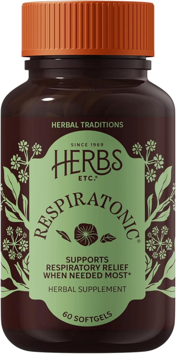 Herbs Etc. Respiratonic Softgels - Respiratory Support for Easy Breathing - Herbal Supplement with OSHA Root, Yerba Santa & Pleurisy Root - Gluten-Free & Organic - 60 Count (60 Servings)