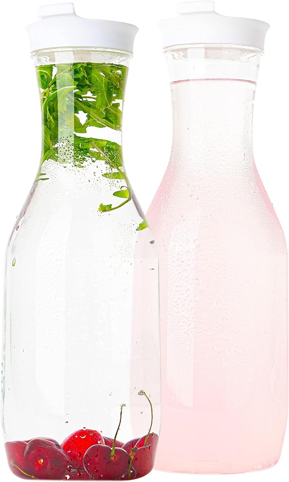 Clear Plastic Water Pitchers Carafes with Flip top White Lids Pack of 2
