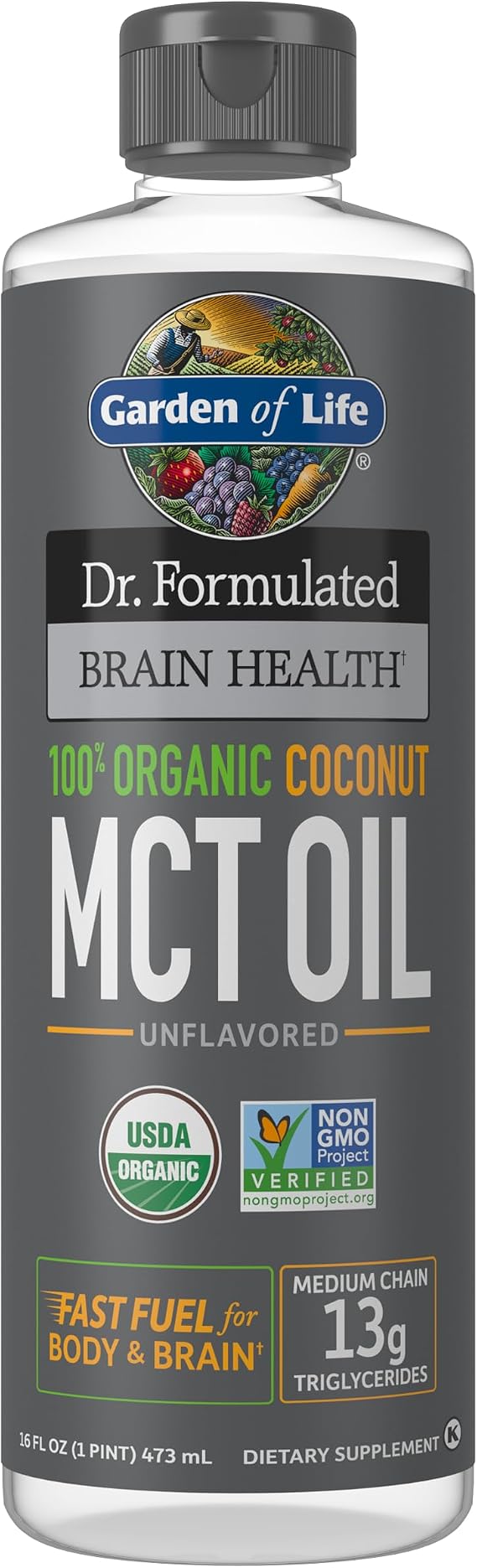 Garden of Life Dr. Formulated Brain Health 100% Organic Coconut MCT Oil 16 fl oz Unflavored, 13g MCTs, Body & Brain Fuel, Certified Non-GMO Vegan & Gluten Free, Hexane-Free