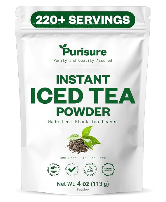 Purisure Unsweetened Instant Black Iced Tea Powder Made from Real Tea Leaves, No Lemon Flavor, Sugarless, Zero- Calories, Dissolves in Cold Water, Makes Up to 220 plus Servings, 4 oz
