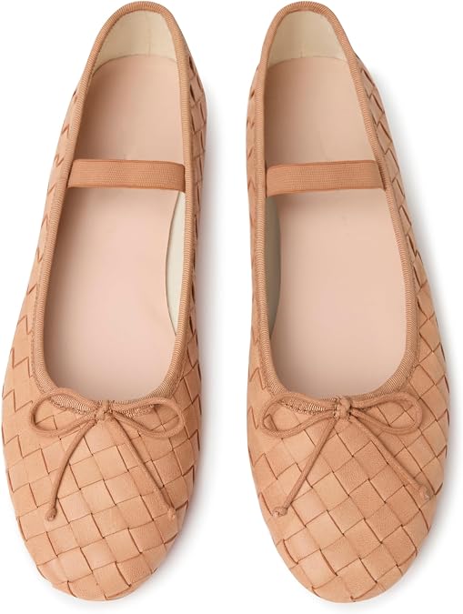 Womens Woven Ballet Flats with Bow Round Toe Slip on Mary Jane Flats Ladies Fashion Elastic Strap Ballerina Shoes