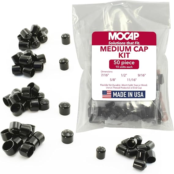 MOCAP Round Vinyl Plastic Caps Medium Cap Kit (7/16", 1/2", 9/16", 5/8", 11/16") | Durable, Flexible Vinyl Caps for Thread Protection, End Caps, Surface Finishing - 10 Units Each Size