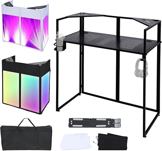 DJ Table. Portable DJ Booth Facade 20" x 40" Tabletop, Foldable DJ Facade Station for DJ Controller, Mixer & LaptopEvents&Parties – Includes Carry Bag&Two Metal Corner Tables