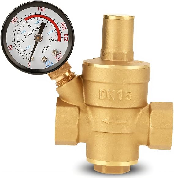 DN15 Brass Adjustable Water Pressure Regulator, Brass Inline Water Pressure Reducer Valve, Brass Water Pressure Regulator Valve Reducer with Gauge Meter