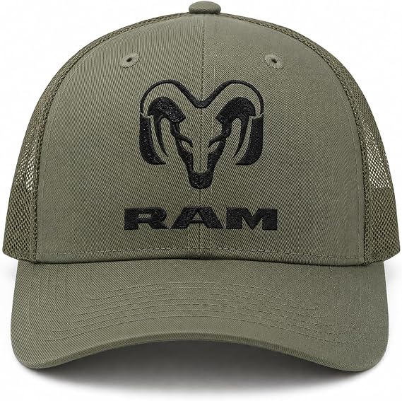 RAM Trucks Trucker Hat Olive Green (Loden) Adjustable Snapback Mesh Cap with Embroidered Logo