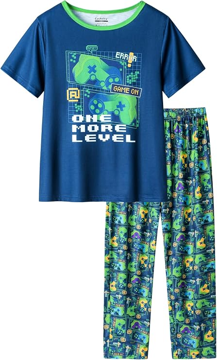 Little Big Boys Summer Orange Gamer Pajamas Short Sleeve and Pants Cute Nighty PJS 2PCS Sleepwear Set Size 6-16
