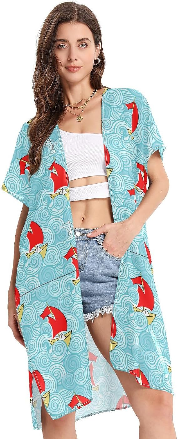 Paper Boat Swirls Beach Cover Ups Swimwear Bikini Coverup Swim Suit Cover Up Cardigan for Women Outfits,S